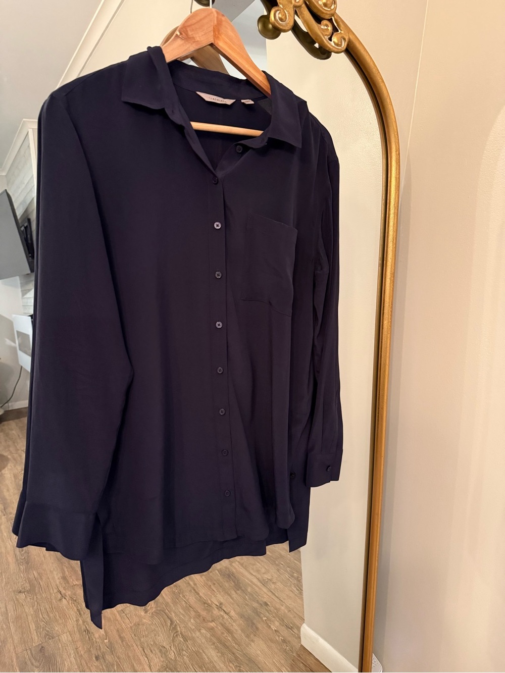 Athleta 100% Silk Navy Button-Up Shirt Blouse